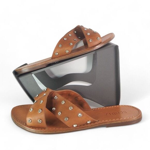 Schutz Gem Studded Slip-on Slide Leather Sandals Brown Women's 8.5 - Picture 1 of 10